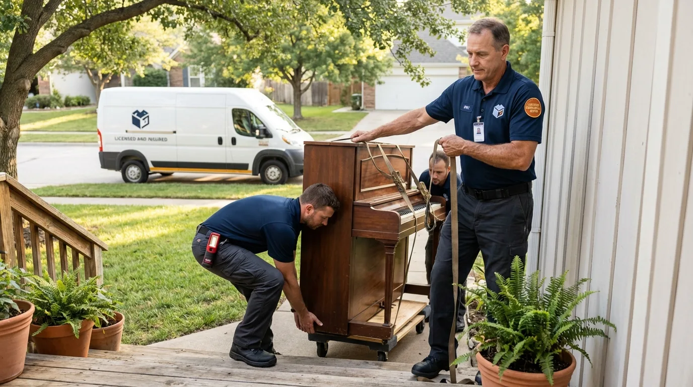 Licensed piano movers securing grand piano in Wrangell, AK