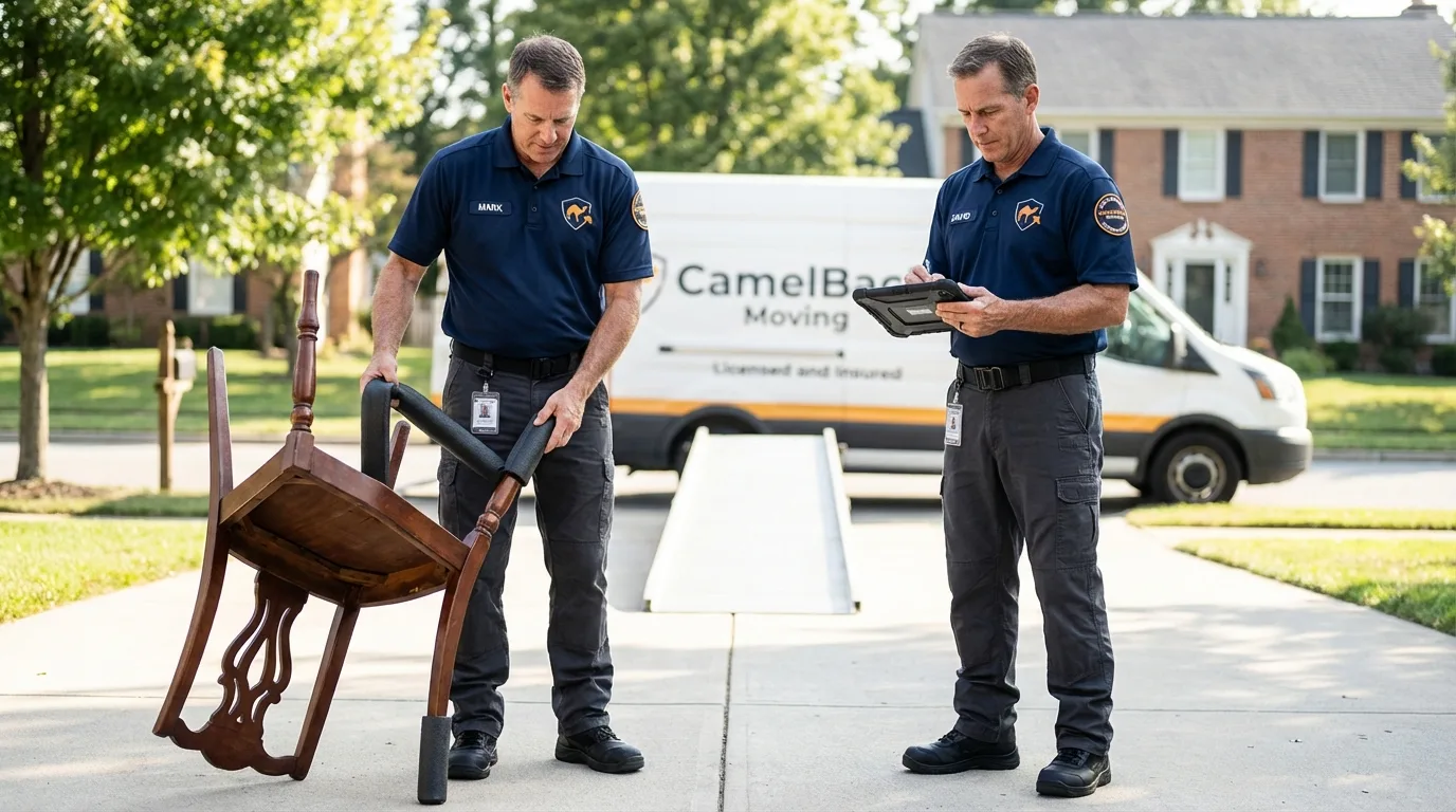 Movers inspecting furniture for damage prevention before loading in Wrangell, AK
